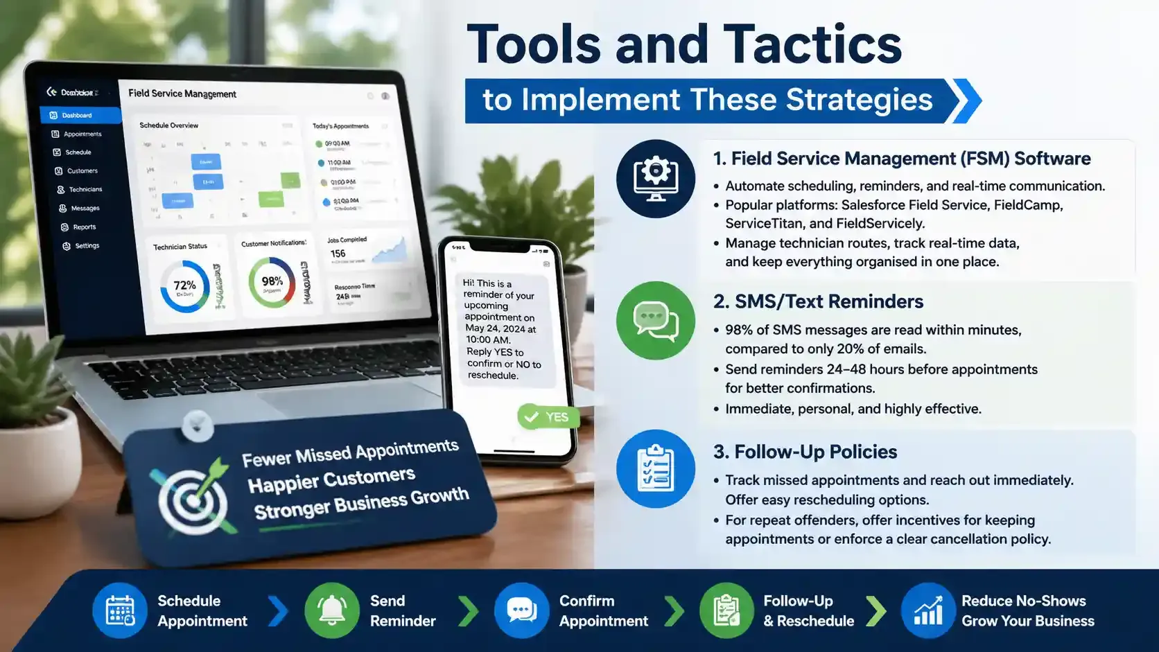 Infographic on tools to reduce missed appointments: FSM software, SMS reminders, follow-ups